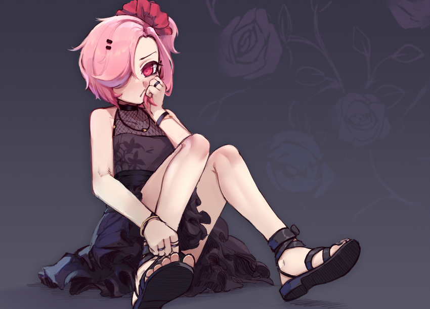 1girl, black_dress, black_footwear, blush, bow, bracelet, breasts, collarbone