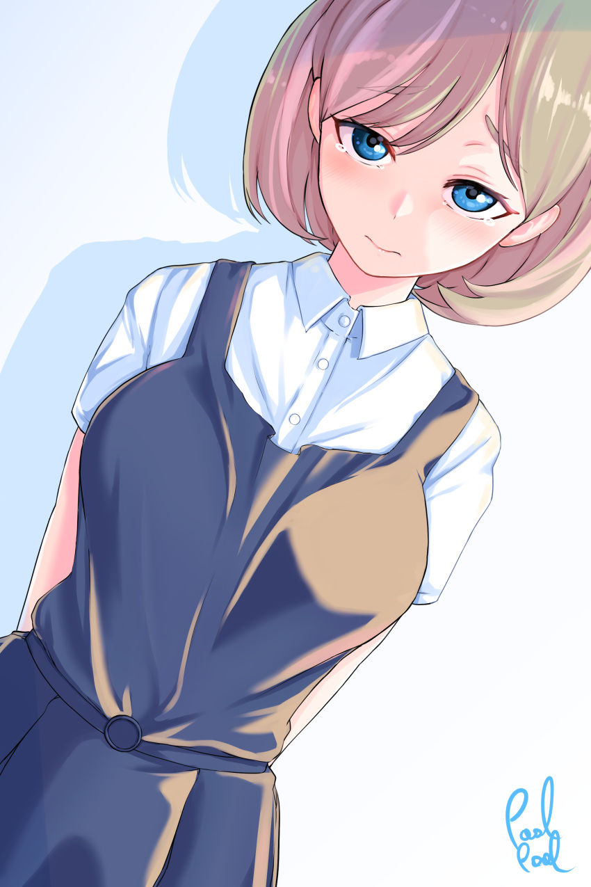1girl, absurdres, arms_behind_back, bangs, bob_cut, breasts, buttons, closed_mouth