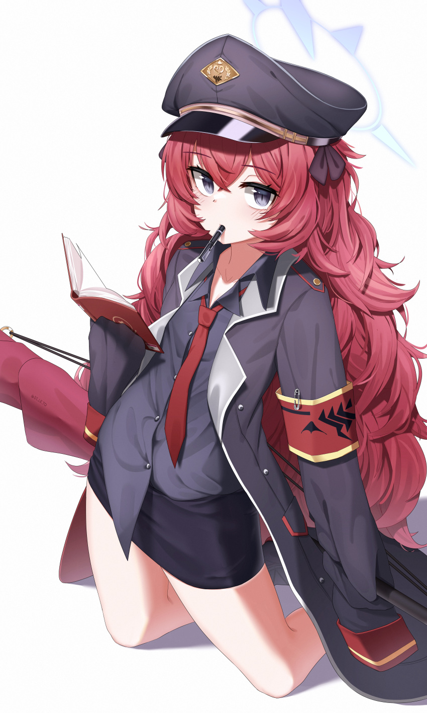 1girl, absurdres, armband, biting, black_coat, black_eyes, black_headwear, black_shirt