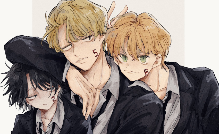 3boys, arm_on_head, arm_rest, bags_under_eyes, black_hair, black_jacket, black_necktie, blonde_hair