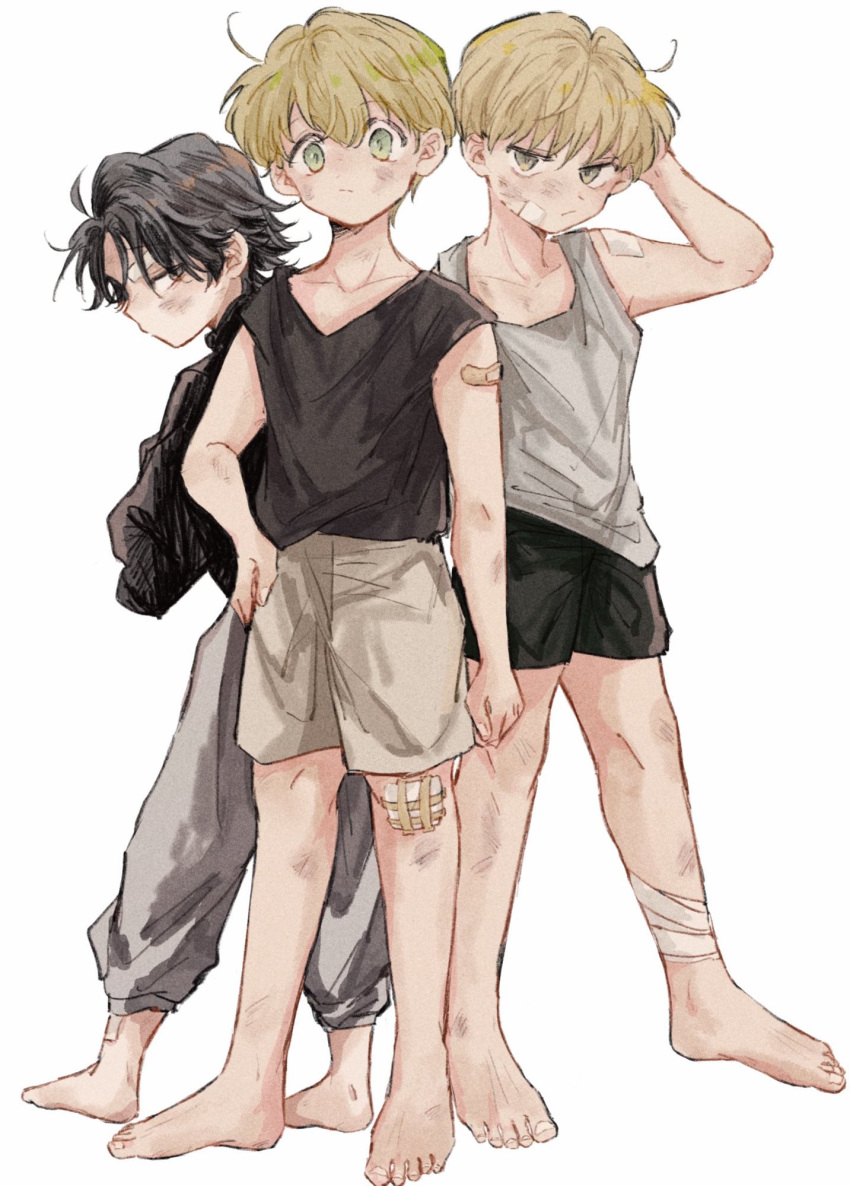 3boys, arm_at_side, bandaged_leg, bandages, bandaid, bandaid_on_arm, bandaid_on_face, bandaid_on_forehead