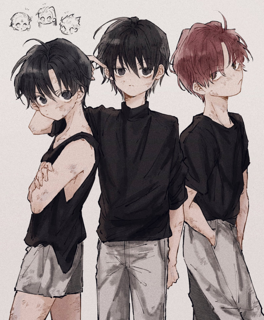 3boys, adjusting_hair, ahoge, bare_shoulders, black_eyes, black_hair, black_shirt, chibi