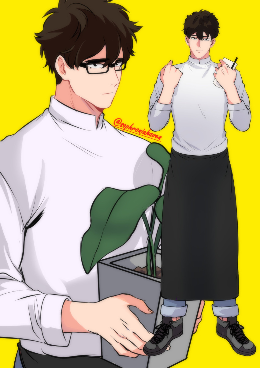 1boy, absurdres, artist_name, bad_link, cup, disposable_cup, eyewear_removed, glasses, go_yohan, highres, holding, holding_cup, holding_pot, looking_ahead, male_focus, multiple_views, plant, pot, potted_plant, sign_(lezhin), simple_background, sophroniahaven, straight-on, twitter_username, yellow_background
