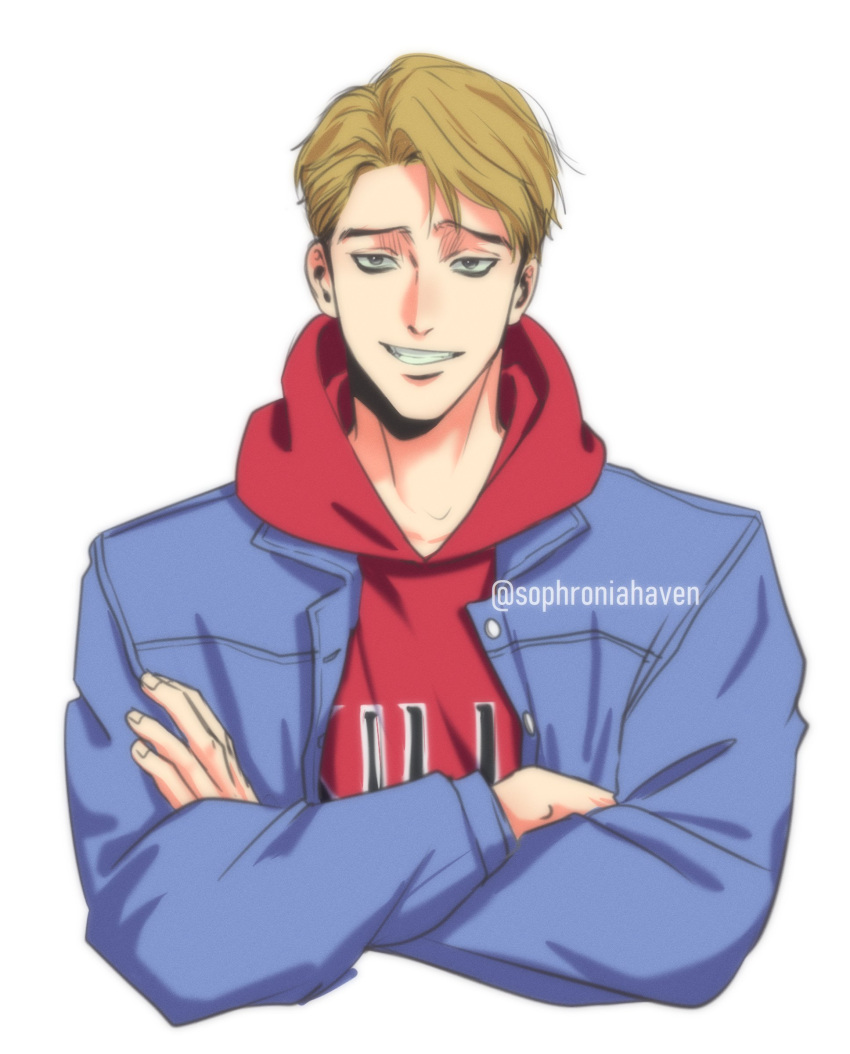 1boy, absurdres, alternate_hairstyle, artist_name, bags_under_eyes, blonde_hair, closed_mouth, crossed_arms