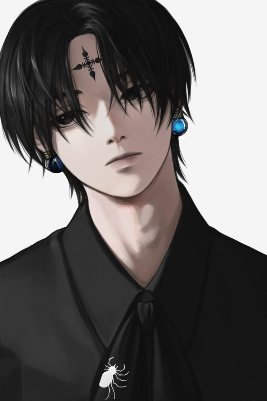 1boy, absurdres, alternate_facial_mark, animal_print, ascot, bangs, black_ascot, black_hair