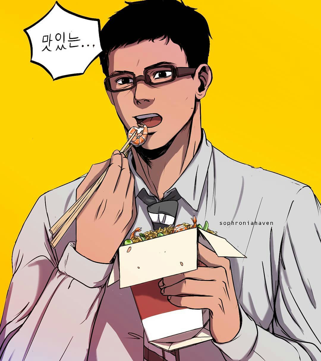1boy, black_hair, chinese_food, chopsticks, collared_shirt, dark-skinned_male, dark_skin, eating