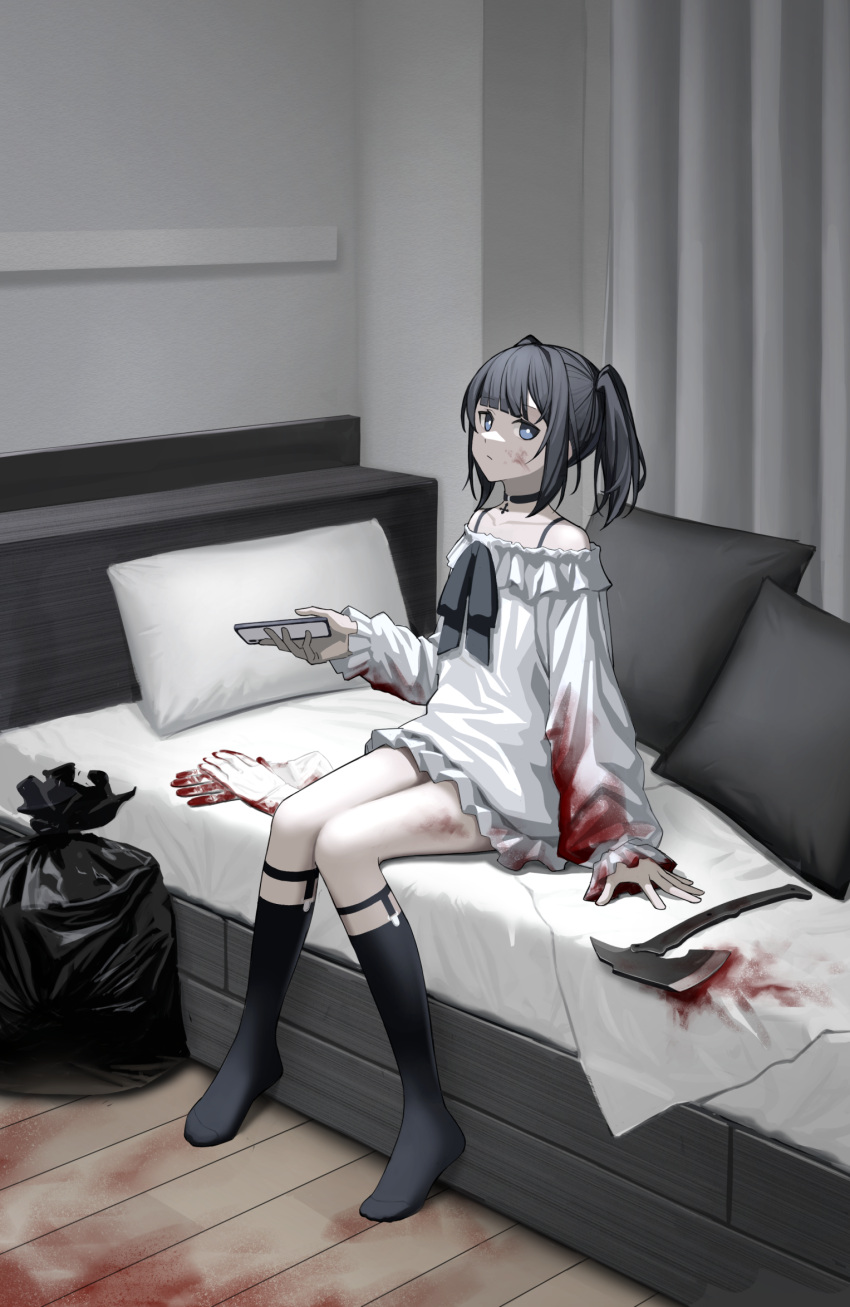 1girl, axe, bare_shoulders, bed, black_hair, blood, blood_on_bed, blood_on_clothes