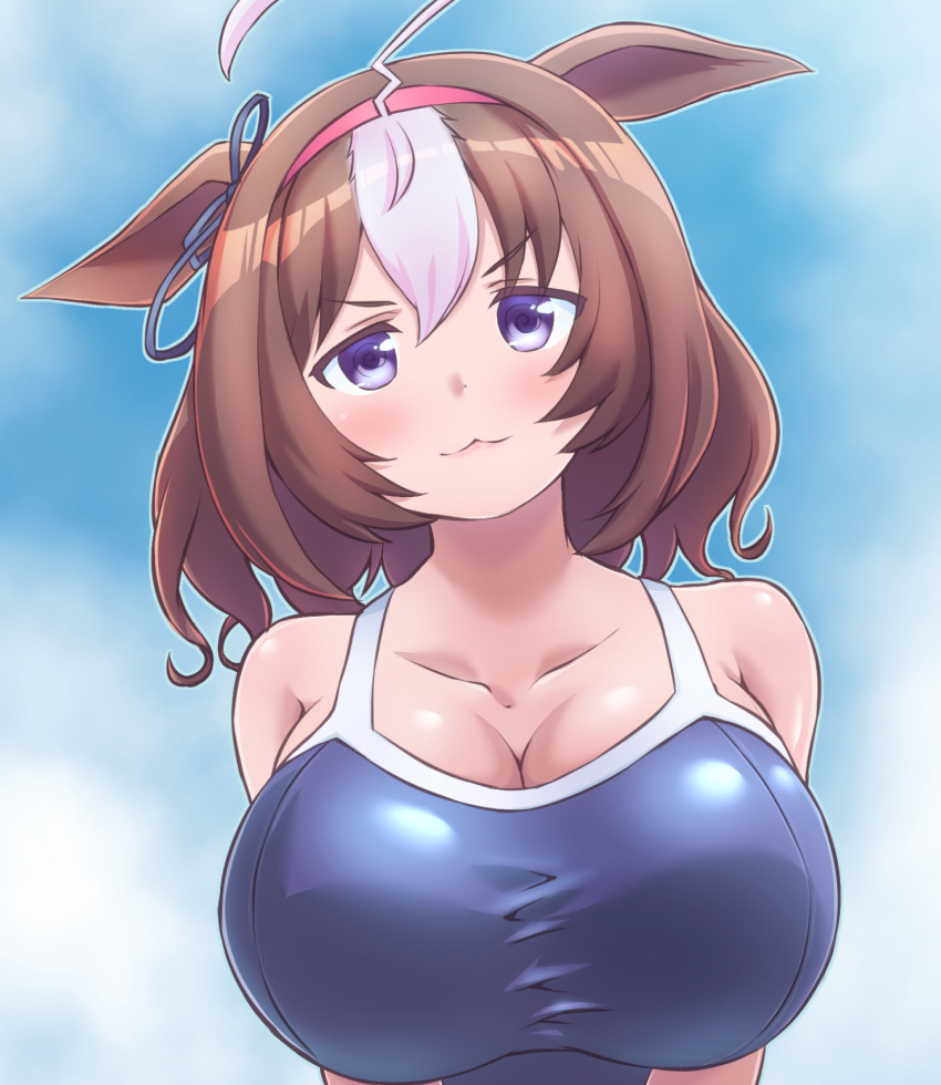 1girl, :3, alternate_costume, animal_ears, blush, breasts, hair_between_eyes, headband, highres, horse_ears, horse_girl, kusaba_(kusabashiki), large_breasts, looking_at_viewer, meisho_doto_(umamusume), portrait, school_swimsuit, simple_background, sky, solo, swimsuit, umamusume, violet_eyes