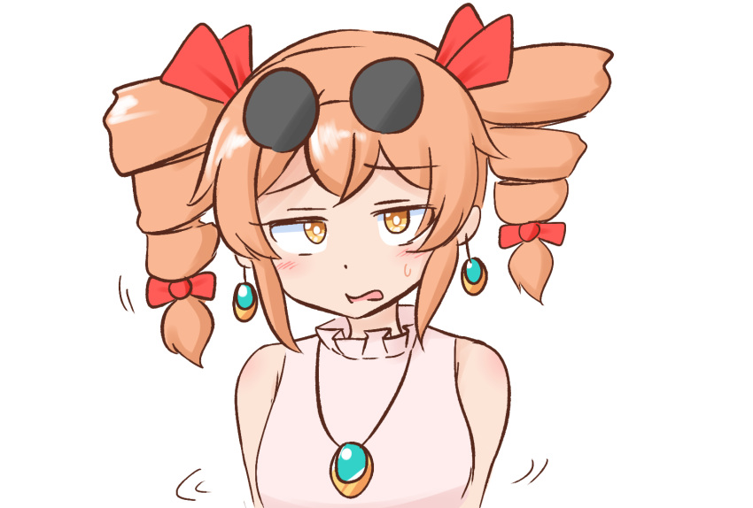 1girl, bare_shoulders, blush, bow, dress, drill_hair, earrings, eyewear_on_head