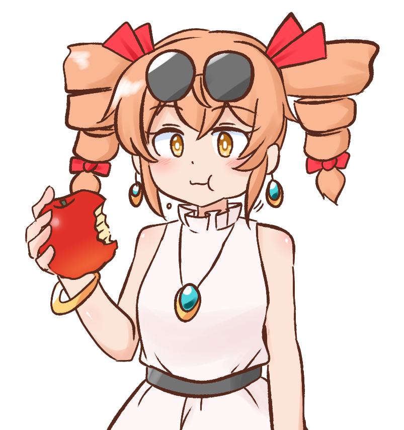 1girl, :t, apple, bangle, bare_shoulders, belt, blush, bow