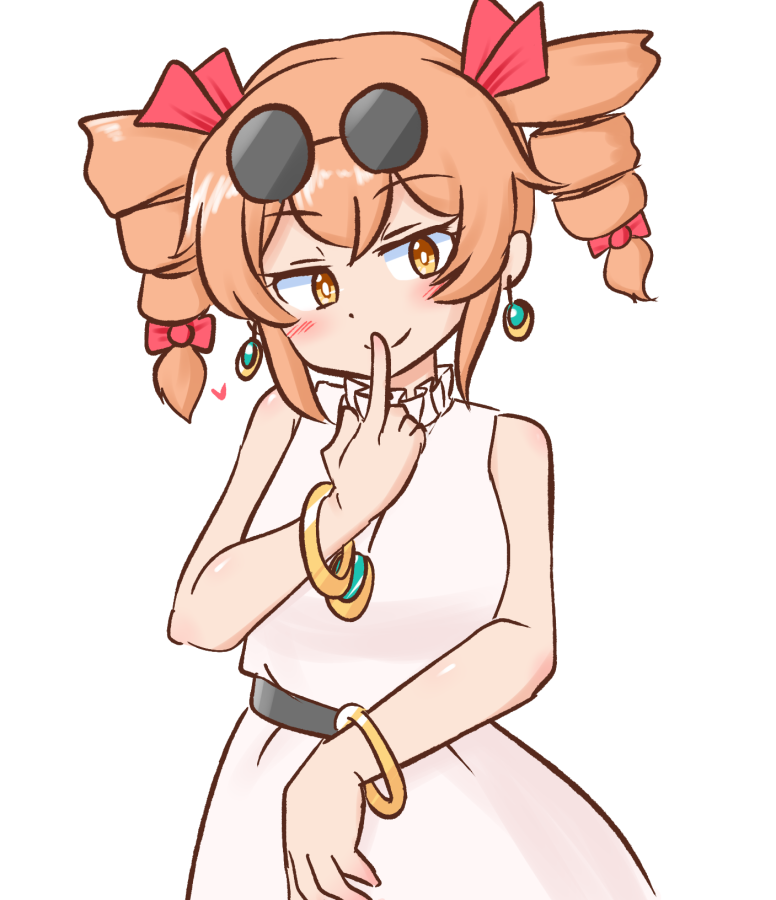 1girl, bangle, bare_shoulders, blush, bow, bracelet, dress, drill_hair