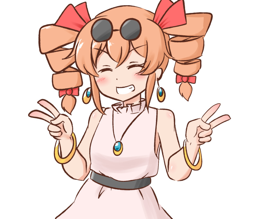 1girl, bangle, bare_arms, bare_shoulders, blush, bow, bracelet, closed_eyes