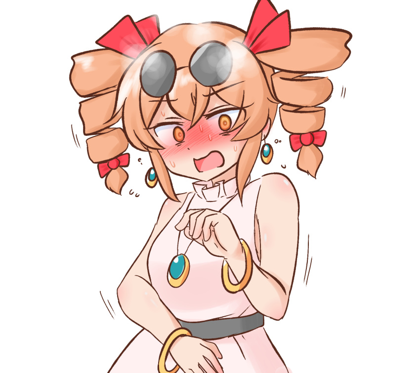 1girl, bangle, bare_arms, bare_shoulders, blush, bow, bracelet, dress