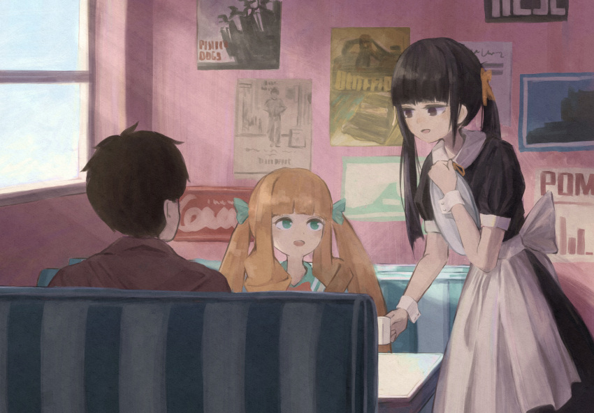 1boy, 2girls, :o, absurdres, aqua_eyes, black_dress, black_eyes, black_hair