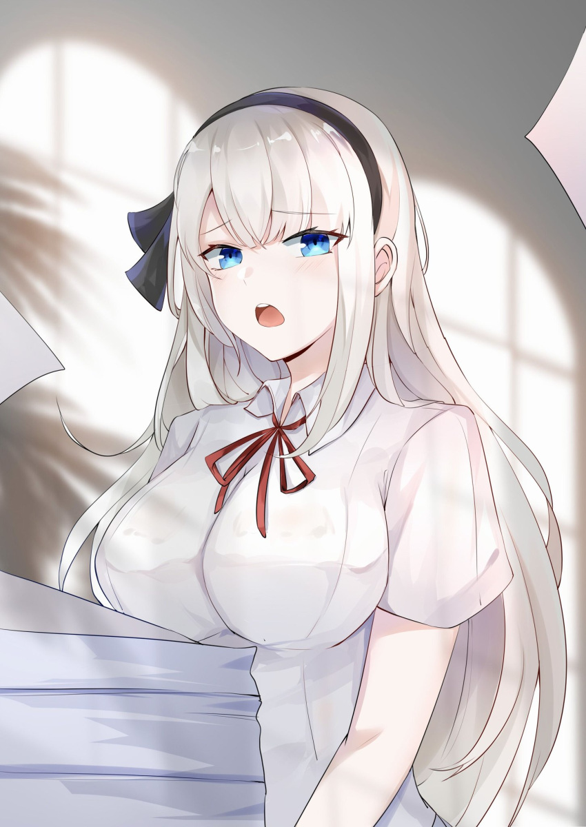 1girl, alternate_costume, bangs, black_bow, black_hairband, blue_eyes, bow, breasts