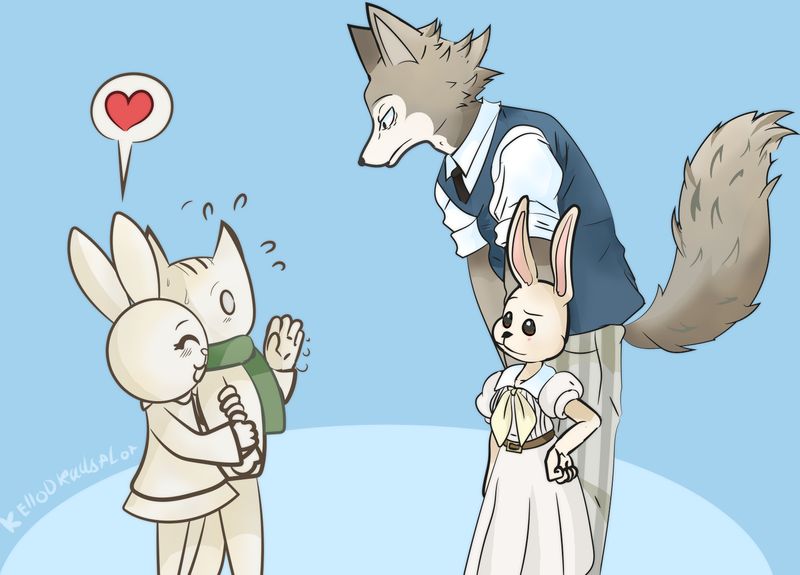 2boys, 2girls, artist_name, beastars, black_eyes, blue_background, blush, closed_eyes