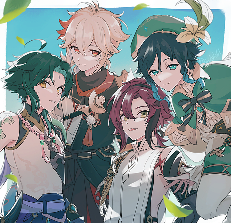 4boys, ahoge, antenna_hair, aqua_hair, arm_tattoo, bangs, bead_necklace, beads, blush, cape, collared_cape, facial_mark, flower, forehead_mark, genshin_impact, gn4othi61, gradient_hair, green_cape, green_eyes, green_headwear, grin, hair_between_eyes, hakama, hakama_pants, hat, hat_flower, japanese_clothes, jewelry, kaedehara_kazuha, long_sleeves, looking_at_viewer, male_focus, multicolored_hair, multiple_boys, necklace, open_mouth, pants, pom_pom_(clothes), power_connection, red_eyes, shikanoin_heizou, side_ponytail, sidelocks, smile, streaked_hair, tattoo, twintails, venti_(genshin_impact), vision_(genshin_impact), white_legwear, wide_sleeves, xiao_(genshin_impact), yellow_eyes