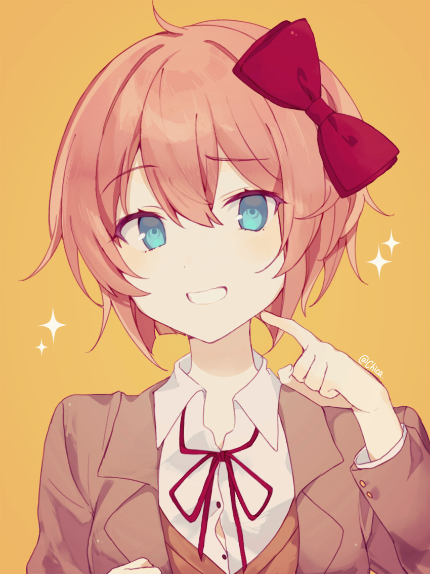 1girl, blue_eyes, bow, brown_jacket, buttons, chicashidaxianyu, collared_shirt, colored_eyelashes, doki_doki_literature_club, eyebrows_visible_through_hair, eyes_visible_through_hair, grin, hair_between_eyes, hair_bow, hand_up, highres, jacket, long_sleeves, open_clothes, open_jacket, orange_vest, pink_hair, red_bow, sayori_(doki_doki_literature_club), shirt, short_hair, smile, solo, sparkle, suit_jacket, upper_body, vest, white_shirt, white_vest, yellow_background