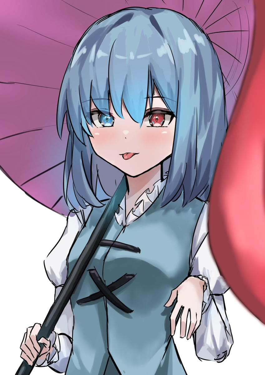 1girl, bangs, blue_eyes, blue_hair, blue_vest, cross-laced_clothes, eyebrows_visible_through_hair, heterochromia