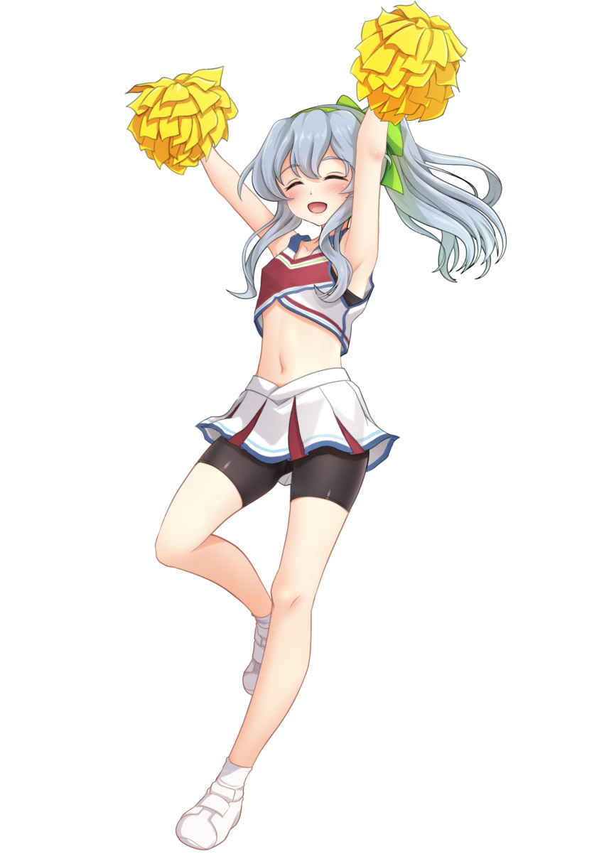 1girl, absurdres, alternate_costume, arms_up, bike_shorts, black_shorts, braid, cheerleader