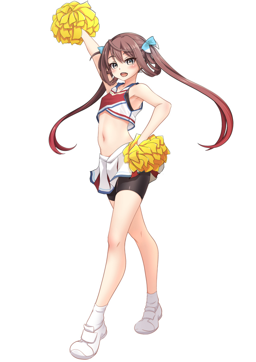 1girl, absurdres, alternate_costume, arm_up, asagumo_(kancolle), bike_shorts, black_shorts, brown_hair, cheerleader, crop_top, crop_top_overhang, crossed_legs, full_body, grey_eyes, hair_ribbon, hair_rings, highres, holding, holding_pom_poms, kantai_collection, long_hair, looking_at_viewer, makura_(y_makura), midriff, miniskirt, pleated_skirt, pom_pom_(cheerleading), ribbon, shirt, shoes, shorts, shorts_under_skirt, simple_background, skirt, sleeveless, sleeveless_shirt, sneakers, solo, standing, twintails, white_background, white_footwear, white_skirt