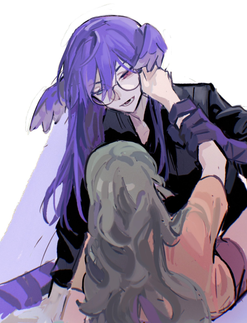 bespectacled, black_shirt, blue_eyes, braid, dragon_girl, dragon_tail, fangs, finana_ryugu