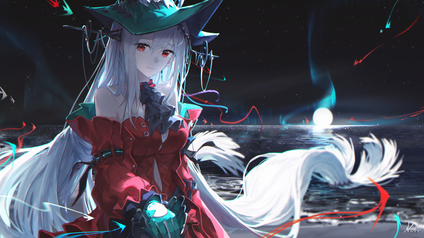 1girl, 1other, aqua_gloves, aqua_headwear, arknights, ascot, bare_shoulders, black_ascot, black_gloves, breasts, closed_mouth, clothing_cutout, cowboy_shot, dated, detached_sleeves, fish, full_moon, gloves, hat, highres, holding_hands, koe_(mixpi), large_breasts, long_hair, long_sleeves, low-tied_long_hair, moon, navel, navel_cutout, night, night_sky, ocean, pov, red_eyes, signature, skadi_(arknights), skadi_the_corrupting_heart_(arknights), sky, smile, solo_focus, sparkle, star_(sky), starry_sky, very_long_hair, water, white_hair