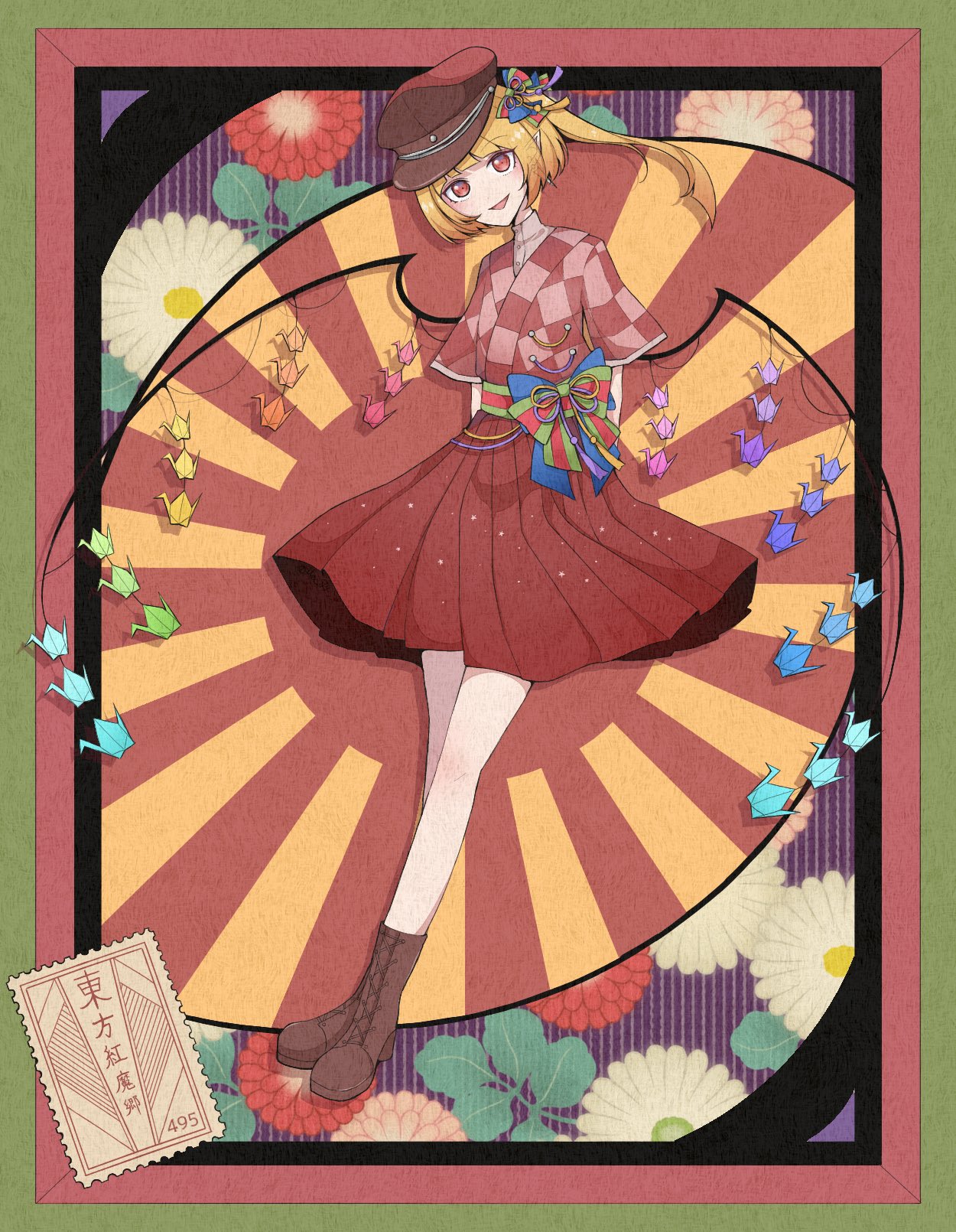 blonde_hair, boots, brown_footwear, flandre_scarlet, hair_ribbon, hat, highres, hiratose02_(mxx_459)