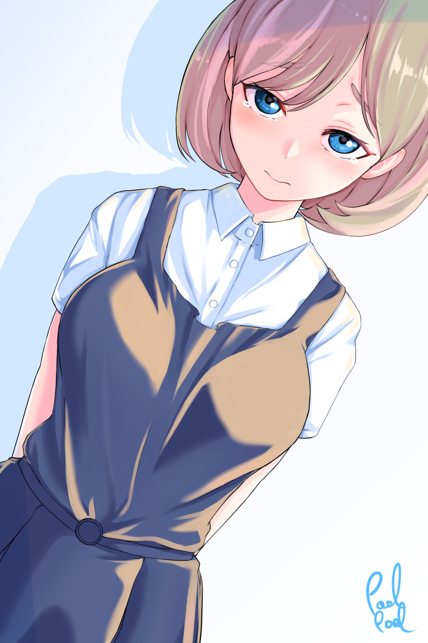 1girl, absurdres, arms_behind_back, bangs, bob_cut, breasts, buttons, closed_mouth