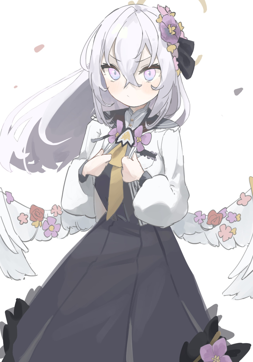 1girl, absurdres, adjusting_clothes, angel_wings, azusa_(blue_archive), black_dress, black_sailor_collar, blue_archive, boku_2020, dress, eyebrows_visible_through_hair, flower, hair_between_eyes, hair_flower, hair_ornament, halo, highres, jacket, long_hair, looking_at_viewer, low_wings, pink_eyes, purple_flower, sailor_collar, solo, white_hair, white_jacket, white_wings, wings