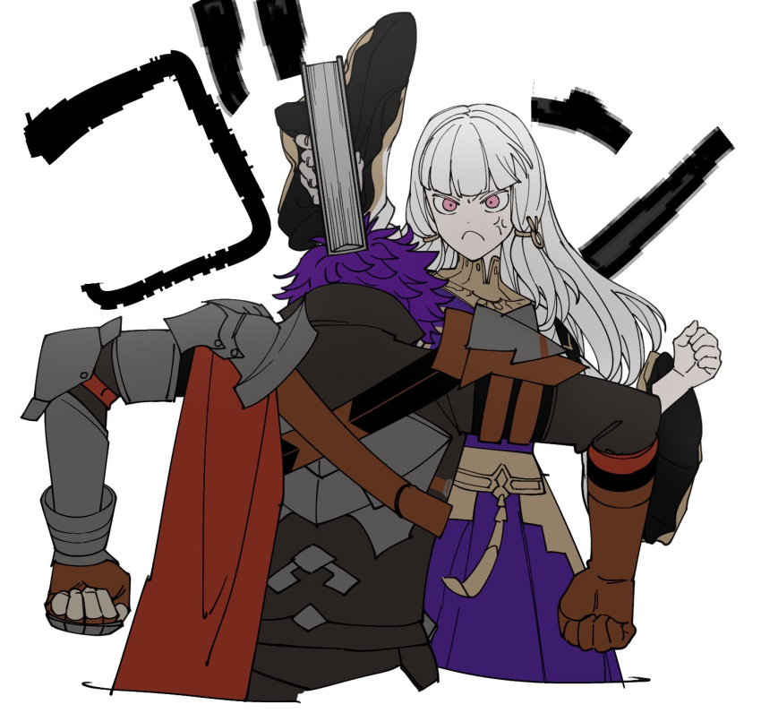 1boy, 1girl, angry, armor, bangs, book, cape, closed_mouth