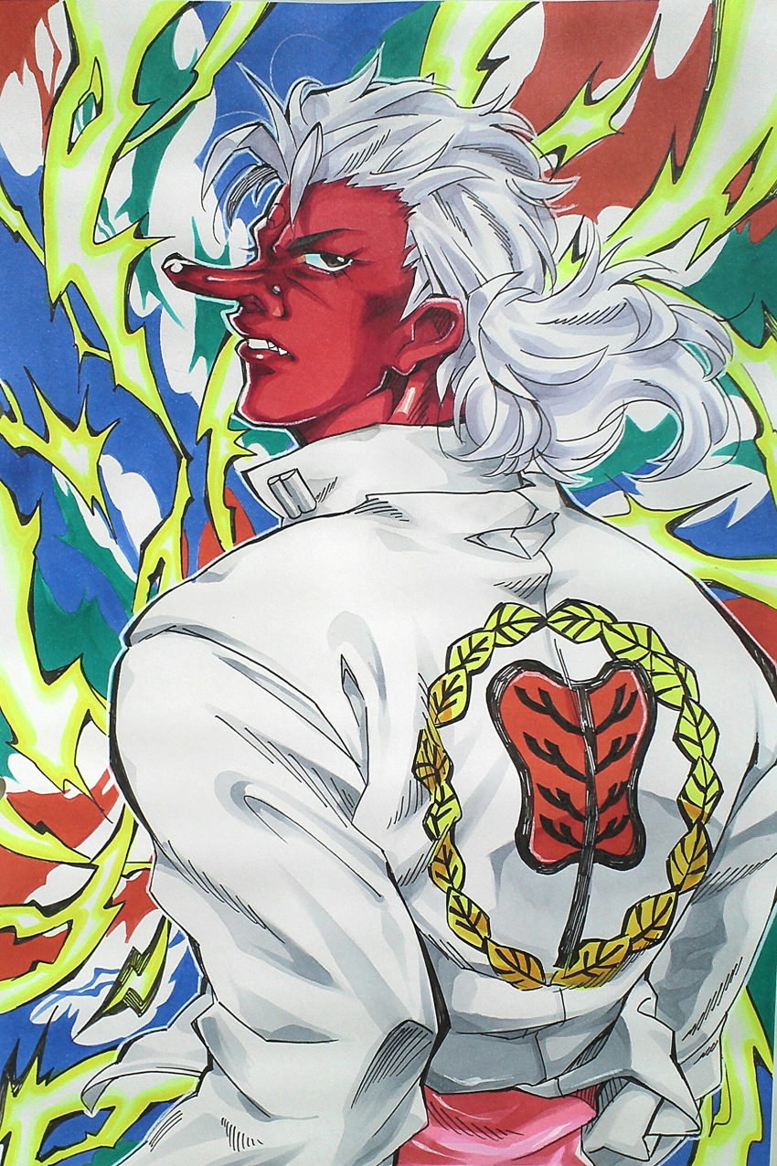 1boy, absurdres, aoi_saturday, brunch_(toriko), colored_skin, commentary_request, electricity, fangs