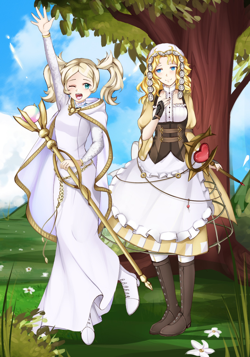 2girls, apron, arm_up, bad_link, beforedreams, blonde_hair, blue_eyes, blue_sky