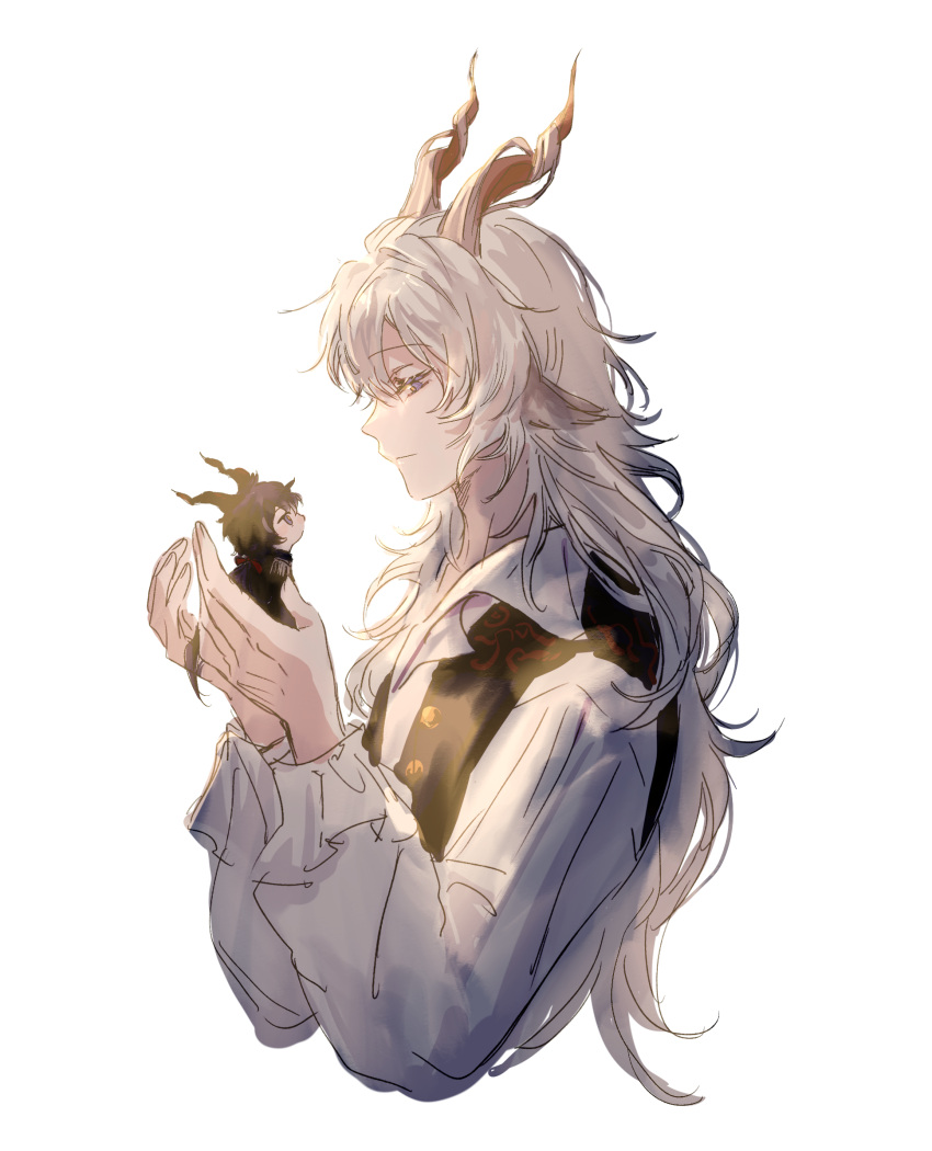 2boys, animal_ears, arknights, belt, black_belt, ebenholz_(arknights), goat_ears, goat_horns