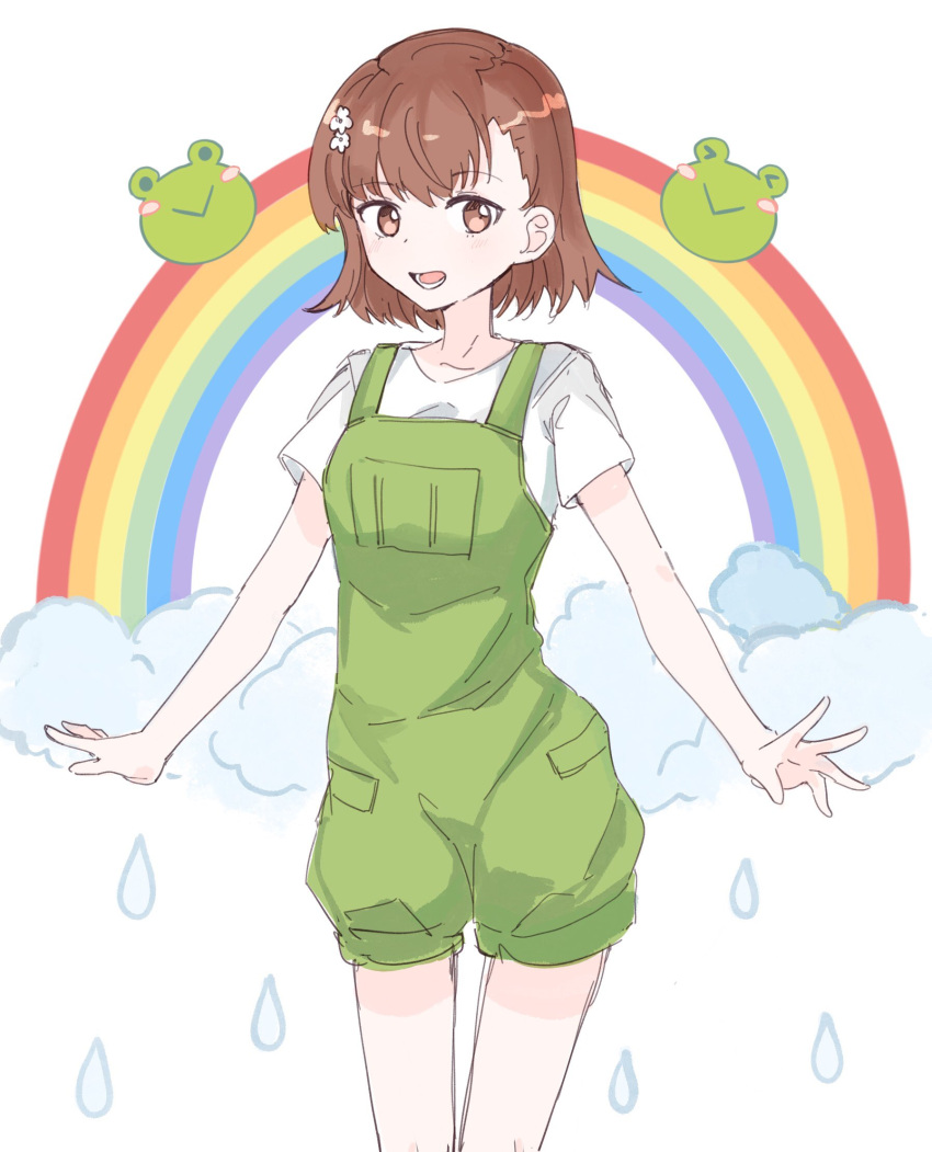 1girl, acertaindosu, brown_eyes, brown_hair, clouds, cowboy_shot, dungarees, eyebrows_visible_through_hair