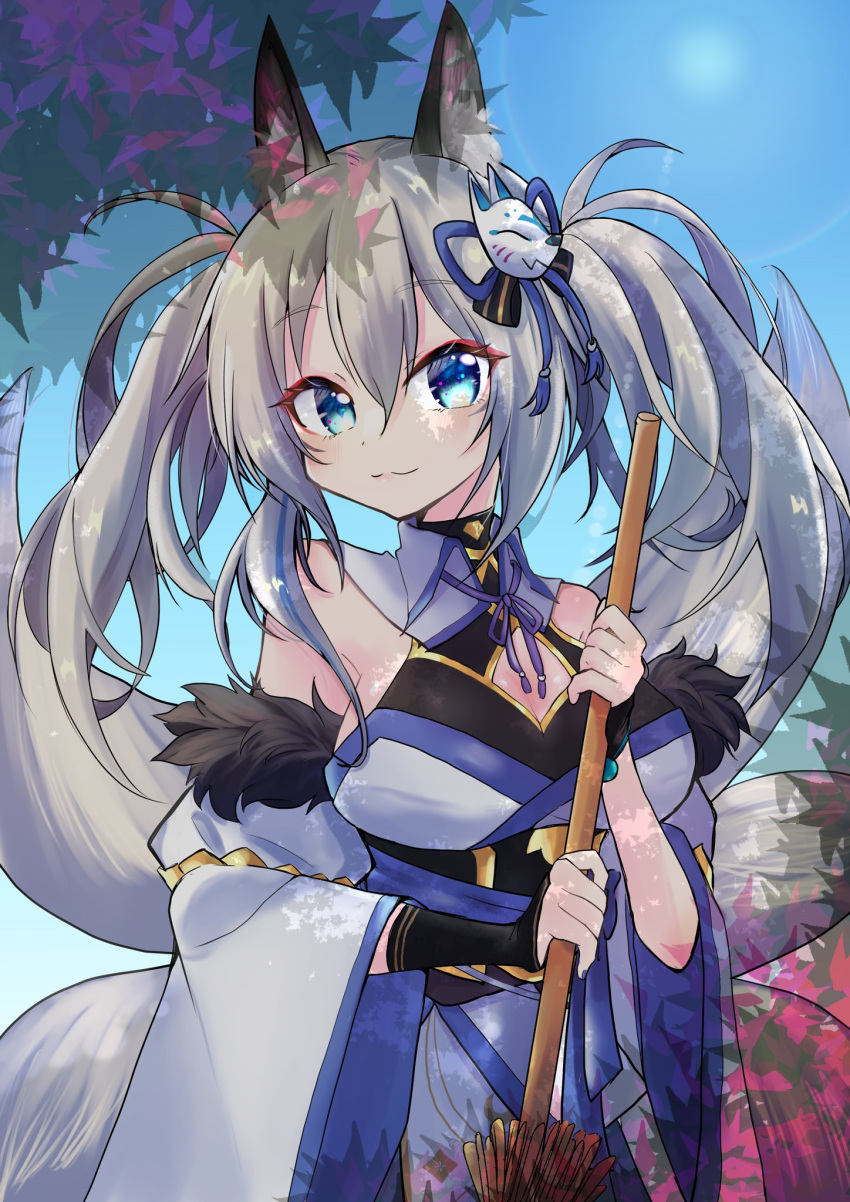 1girl, :3, animal_ear_fluff, animal_ears, bangs, blue_eyes, breasts, broom
