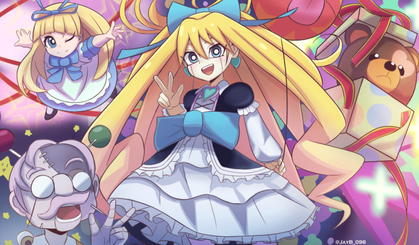 1boy, 2girls, blonde_hair, blue_bow, blue_eyes, bow, box, doll, doll_monster_bear-bear, doll_monster_miss_madchen, dress, duel_monster, earrings, facial_hair, frilled_dress, frills, glasses, grandpa_demetto, hair_bow, hand_up, heart, heart_earrings, jay_b_098, jewelry, long_hair, long_sleeves, multiple_girls, mustache, one_eye_closed, open_mouth, princess_cologne, purple_hair, ribbon, shoes, stitches, stuffed_animal, stuffed_toy, teddy_bear, twitter_username, v, yu-gi-oh!