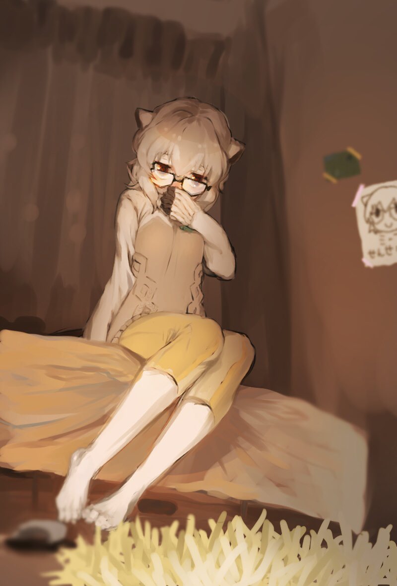 1girl, barefoot, black_gloves, blush, capri_pants, covering_mouth, eyebrows_visible_through_hair, from_below