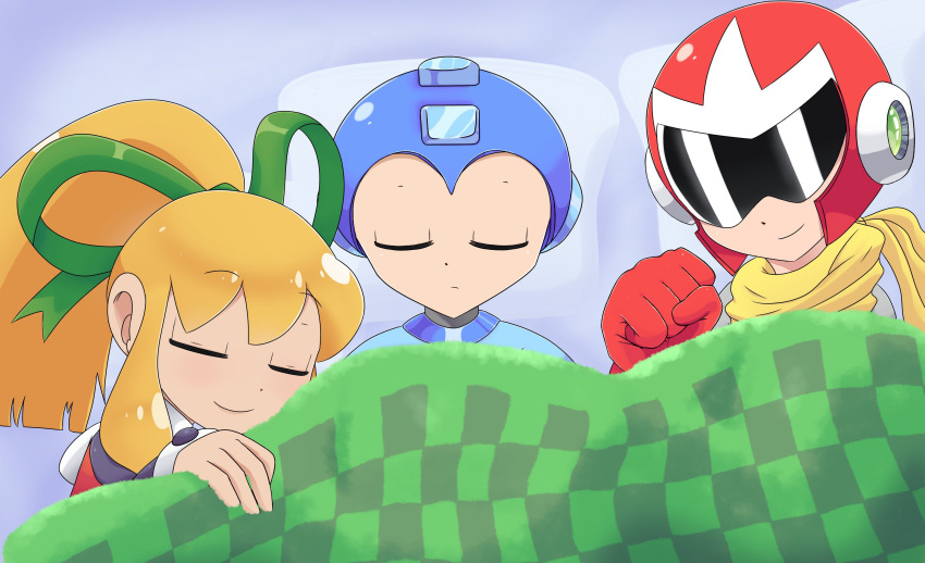 1girl, 2boys, bashoftheaces, bed, bed_sheet, blanket, blonde_hair, capcom
