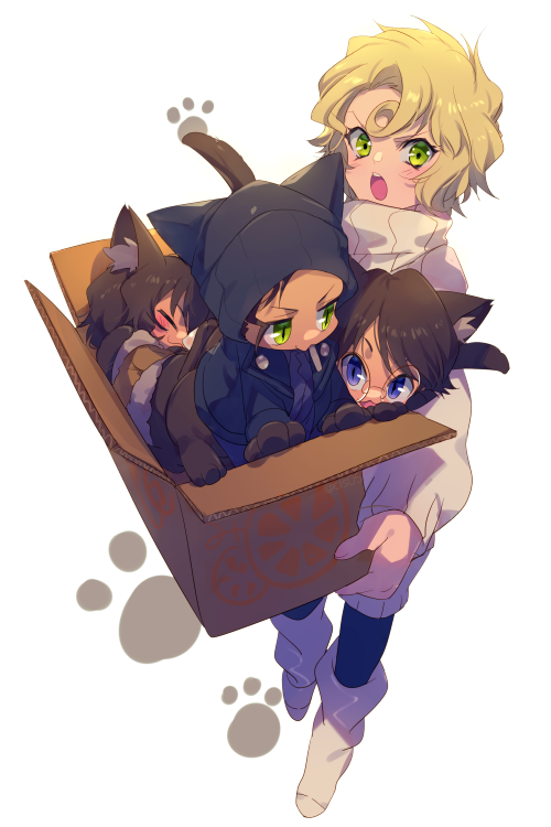 2boys, 2girls, :3, akai_shuuichi, animal_ear_fluff, animal_ears, animal_feet, animal_hands, black_headwear, blonde_hair, blue_eyes, boots, bottomless, box, brother_and_sister, brothers, cardboard_box, cat_boy, cat_ears, cat_girl, cat_tail, child, cigarette, closed_eyes, curly_hair, echo_(circa), female_child, from_above, full_body, fur_trim, furry, furry_male, glasses, green_eyes, haneda_shuukichi, hat, hat_with_ears, in_box, in_container, jacket, long_sleeves, looking_at_another, looking_at_viewer, male_child, mary_sera, meitantei_conan, mother_and_daughter, mother_and_son, mouth_hold, multiple_boys, multiple_girls, no_shoes, open_mouth, pantyhose, paw_print, sera_masumi, siblings, sleeping, socks, socks_over_pantyhose, sweater, tail, turtleneck, turtleneck_sweater, white_background