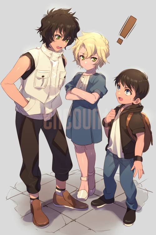 !, 1boy, 2girls, alternate_universe, backpack, bag, bangs, black_hair, blonde_hair, blue_dress, blue_eyes, child, cracked_floor, crossed_arms, dress, echo_(circa), eye_contact, eyelashes, female_child, full_body, green_eyes, grey_background, hand_in_pocket, hood, hood_down, hooded_jacket, jacket, long_sleeves, looking_at_another, looking_at_viewer, looking_down, looking_up, male_child, mary_sera, meitantei_conan, multiple_girls, pants, puffy_short_sleeves, puffy_sleeves, sandals, scotch_(meitantei_conan), sera_masumi, shoes, short_hair, short_sleeves, sideways_glance, sleeveless, socks, tile_floor, tiles, vest, wristband