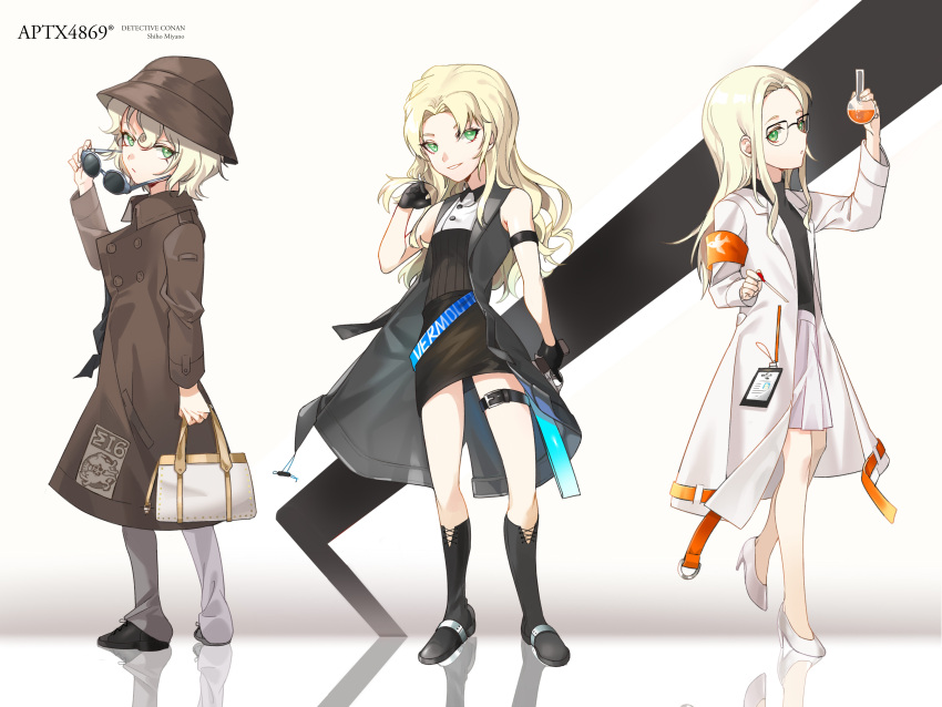 3girls, absurdres, armband, bag, belt, black_dress, black_footwear, blonde_hair