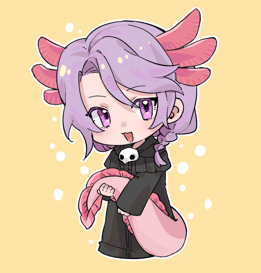 1boy, :3, animal_ears, axolotl_boy, axolotl_ears, axolotl_tail, bangs, black_capelet