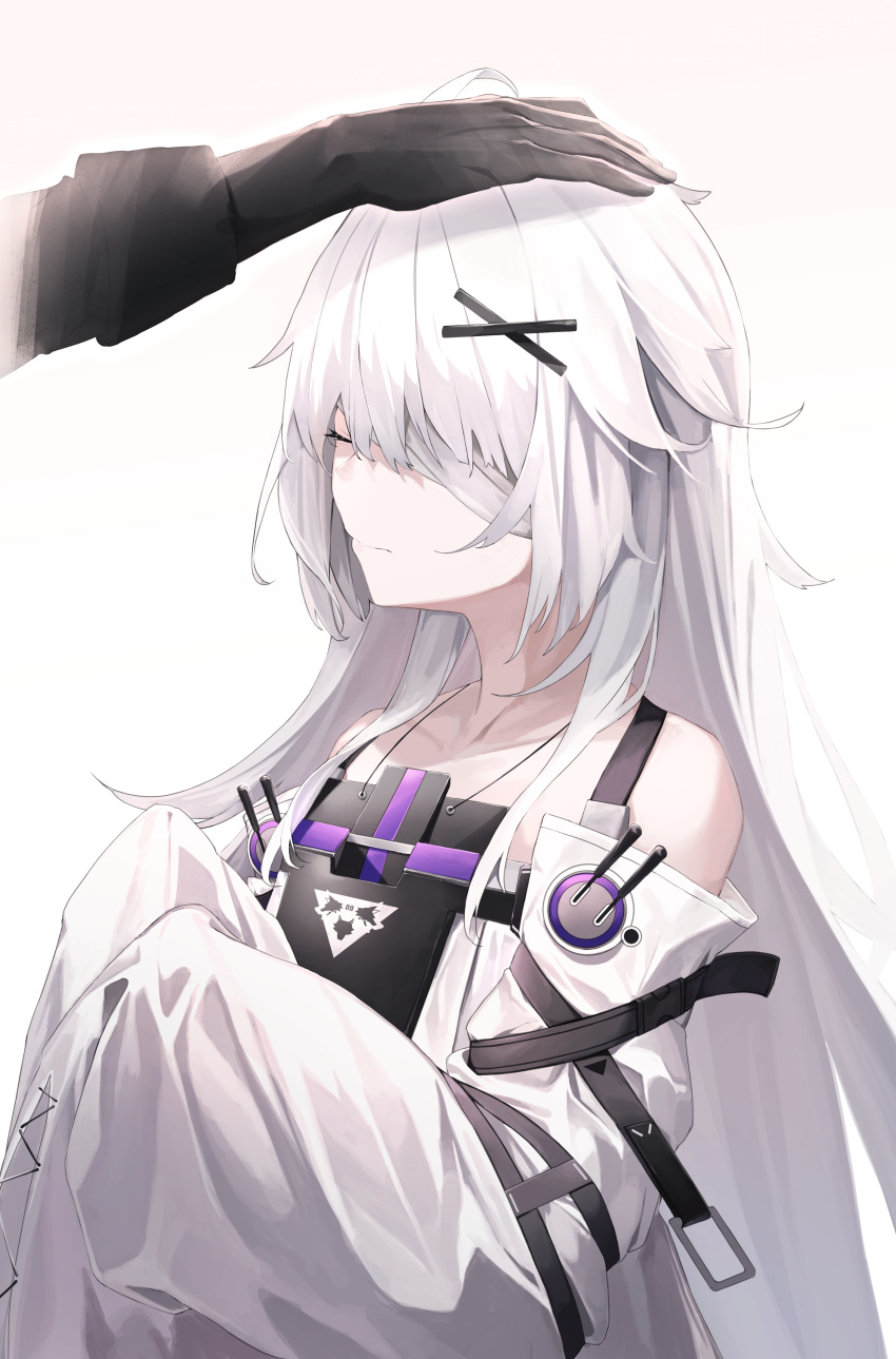 1girl, 1other, ab_(cat921), absurdres, bandage_over_one_eye, black_gloves, closed_eyes, commander_(punishing:_gray_raven)