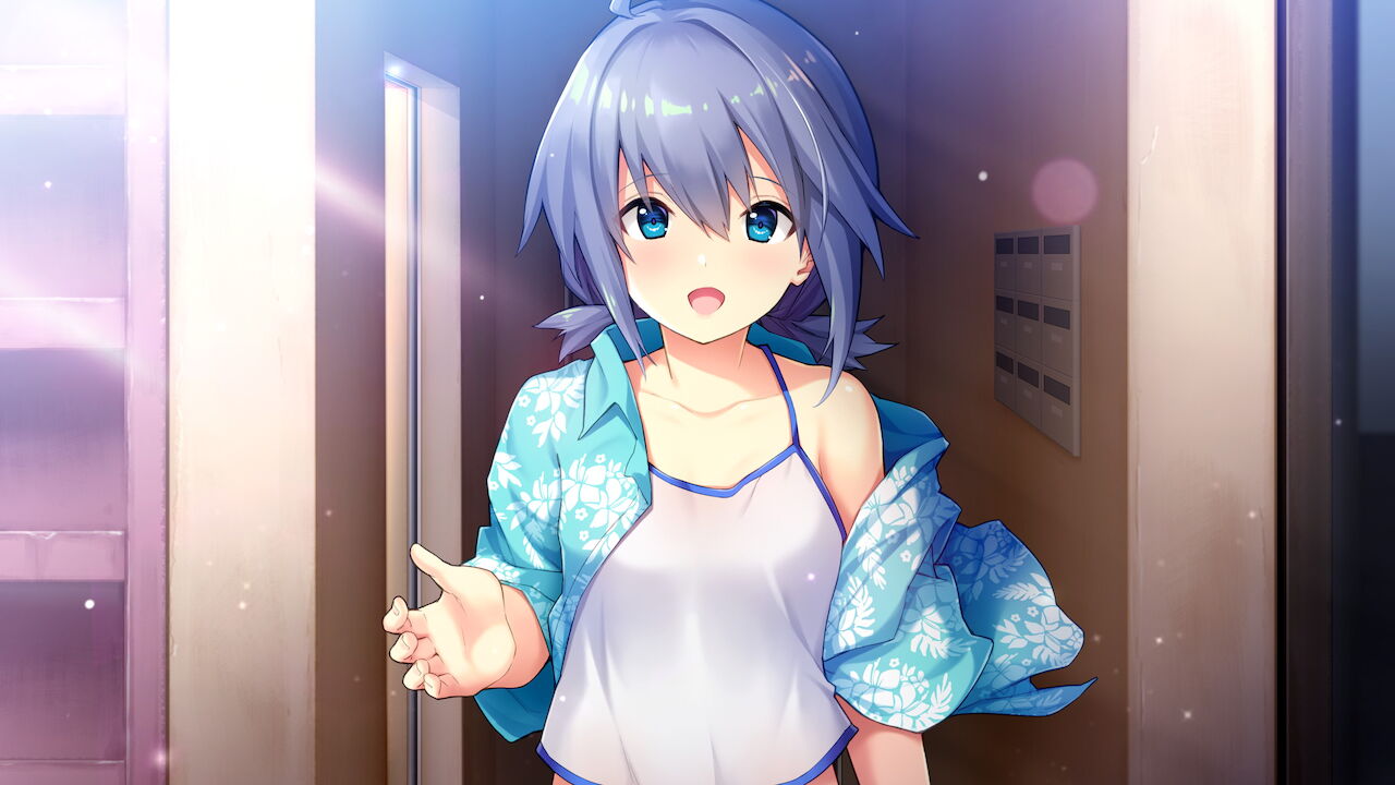 1girl, :d, ahoge, bangs, blue_eyes, blue_shirt, collarbone, dress_shirt