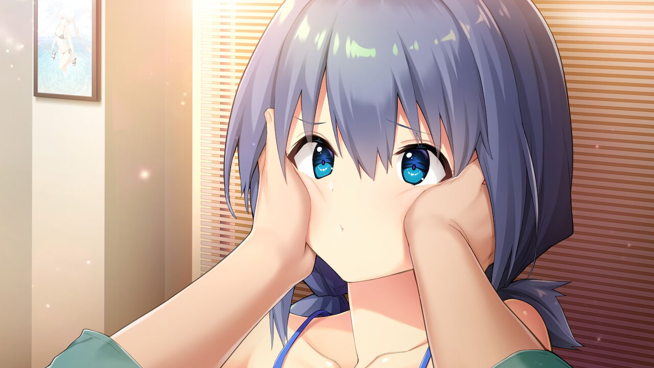 1boy, 1girl, bangs, bare_shoulders, blue_eyes, collarbone, eyebrows_visible_through_hair, game_cg