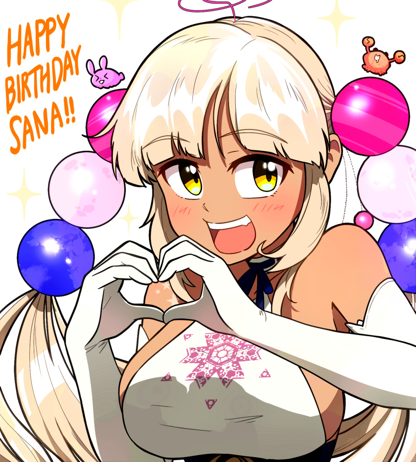 >_<, 1girl, bangs, bare_shoulders, blonde_hair, crab, dark-skinned_female, dark_skin