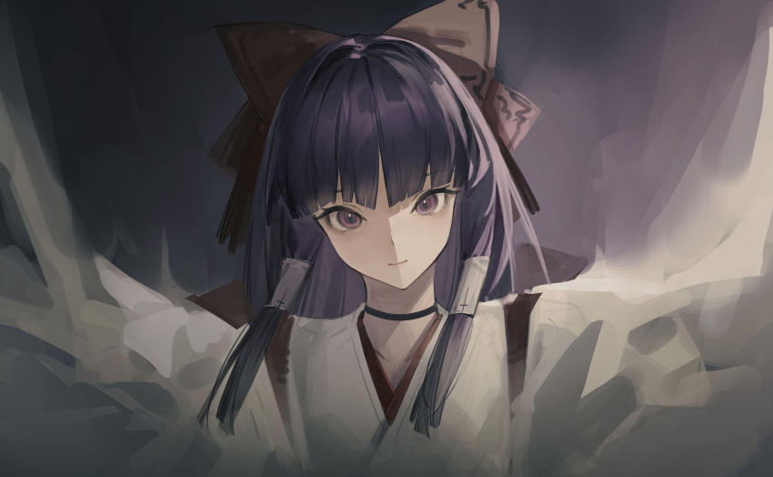 1girl, absurdres, bangs, blunt_bangs, bow, hair_bow, hakurei_reimu, heibaise_jiangshi, highres, japanese_clothes, long_hair, looking_at_viewer, miko, purple_hair, smile, solo, touhou, violet_eyes