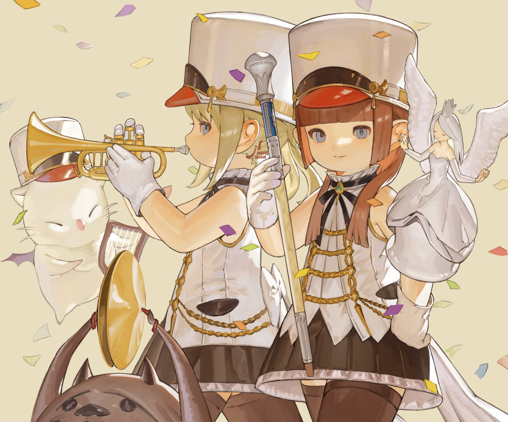 2girls, aiguillette, avatar_(ff14), bangs, bare_shoulders, bat_wings, baton_(conducting), black_legwear