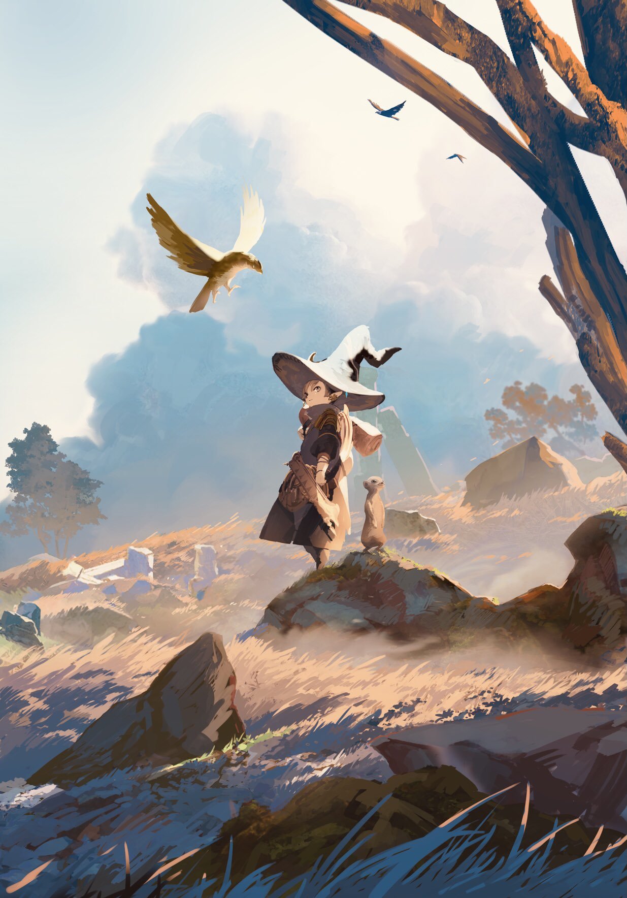 1boy, avatar_(ff14), backpack, bag, belt, bird, black_headwear, blue_coat
